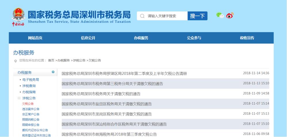 深圳市電子稅務(wù)局欠稅公告